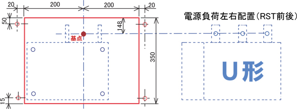既設VCB （主回路端子の電源側負荷側が左右配置） 場合の固定パネルへの開口加工寸法